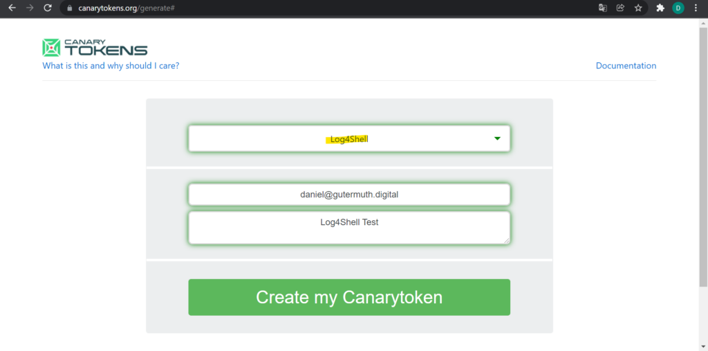 Canary Tokens - Log4Shell Token erstellen